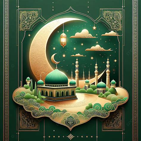 Mezquita En La Noche Con Fondo Verde Eid Mubarak Ornamento Islámico