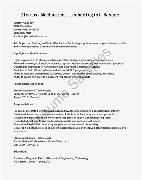 Resume Samples: Electro Mechanical Technologist Resume Sample