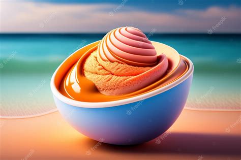 Premium Ai Image A Bowl Of Ice Cream With A Picture Of A Beach In The Background