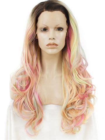 Long Pastel Multicolor Pink Blonde Mixed Wave Synthetic Lace Front Wig