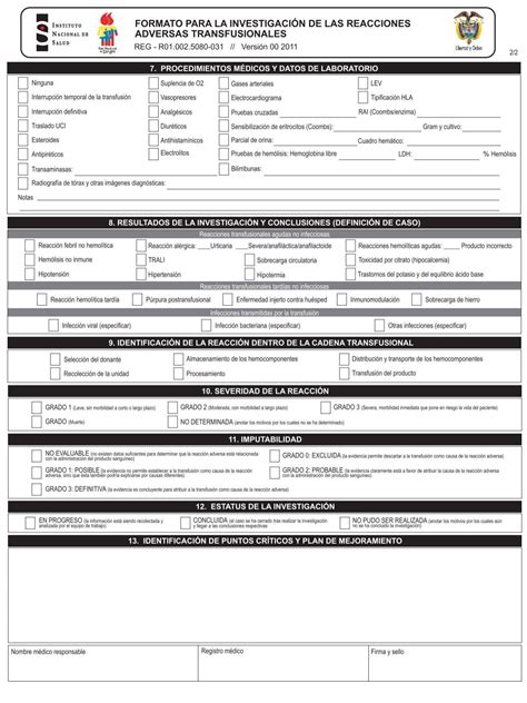 Formato Notificacion Reacciones Adversas A La Transfusion RAT