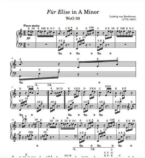 Fur Elise In A Minor Beethoven Note Names Piano Sheet Music Etsy