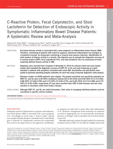 (PDF) C-Reactive Protein, Fecal Calprotectin, and Stool Lactoferrin for Detection of Endoscopic ...