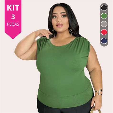 Blusas Femininas Plus Size Social - Kit 3 Blusas Plus Size Feminina Viscolycra Premium Social Gola Redonda ...