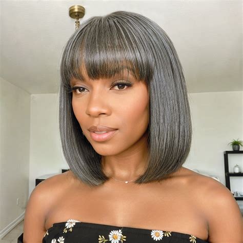 Salt And Pepper Grey Wig Bob With Bangs Glueless Wig Linktohair