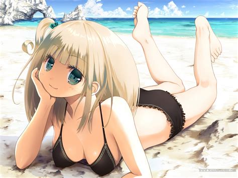 Wallpaper Blonde Anime Girls Beach Cartoon Black Hair Cleavage