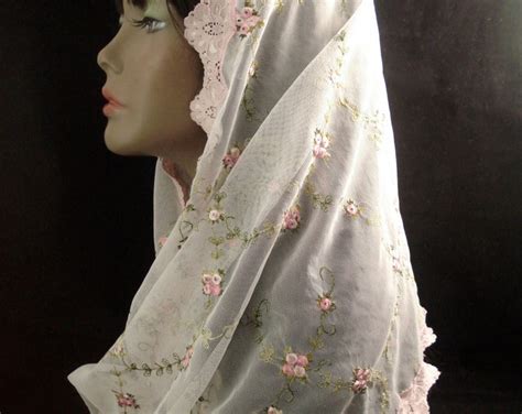 A Catholic Mantilla Embroidered Pink Floral Chapel Veil Soft White