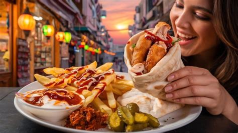 Mujer Sosteniendo Shawarma De Pollo En Pan Plano Servido Con Salsas De