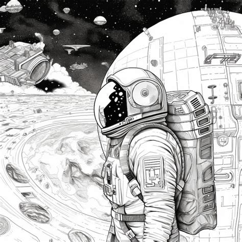 Un Dibujo De Un Hombre En Un Traje Espacial Con Una Nave Espacial En El Fondo Foto Premium