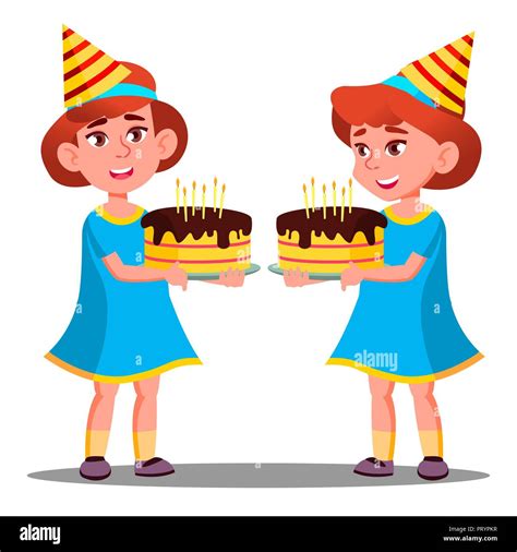 Cute Girl Holding Cake Birthday Stock Vector Images Alamy