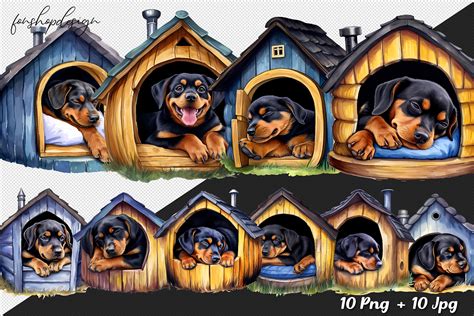 Cute Puppy Rottweiler in Dog House Graphic by FonShopDesign · Creative ...