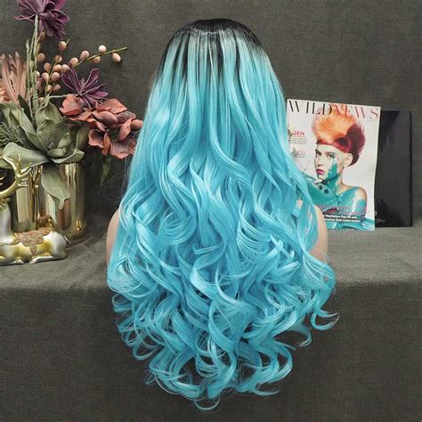 Elly Sky Blue With Dark Root Long Wavy Synthetic Lace Front Wig W122