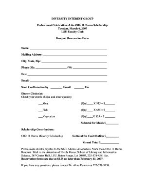 Fillable Online Llaonline Ollie H Burns Banquet Reservation Form