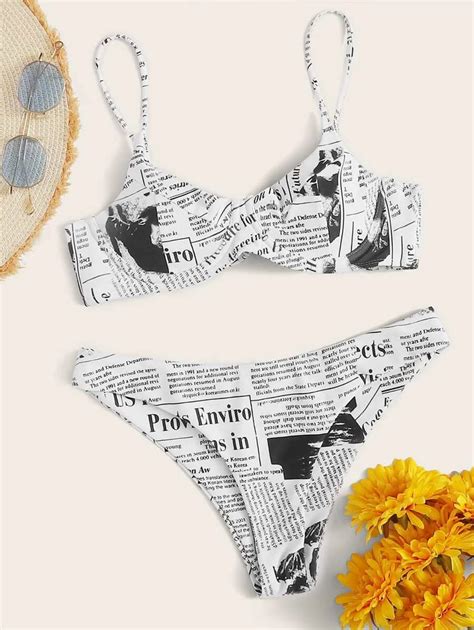 Newspaper Print Underwire Bikini Swimsuit SHEIN USA In 2020