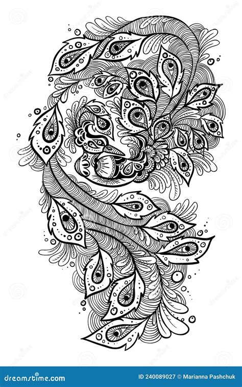 Peacock Coloring Page Black And White Doodle For Coloring Book On White Background Stock Vector