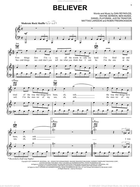 Imagine Dragons Believer Sheet Music For Voice Piano Or Guitar