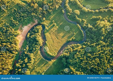 Fields And Small Narrow Winding River Aerial View Stock Image Image