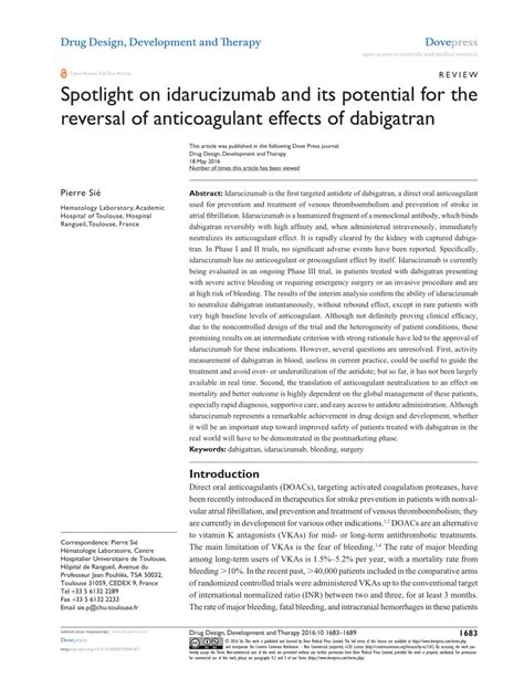 (PDF) Spotlight on idarucizumab and its potential for the reversal of ...