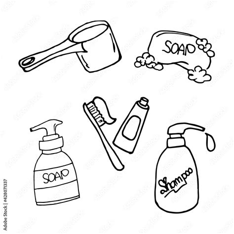 set of toiletries illustration on white background. soap, bottle of soap and shampoo, toothbrush ...