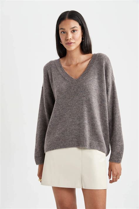 Beige Woman Relax Fit V Neck Pullover Defacto