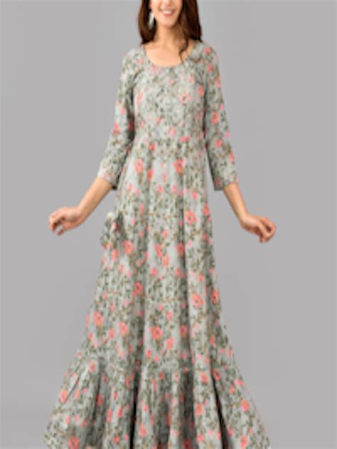 Buy Kalini Floral Printed Embroidered Fit And Flare Maxi Ethnic Dress