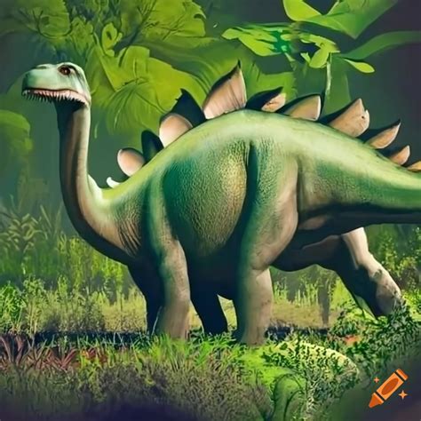 Sunny scene with a stegosaurus in tall green vegetation