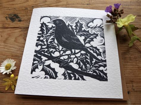 Blackbird Greetings Card From Original Lino Cut Etsy