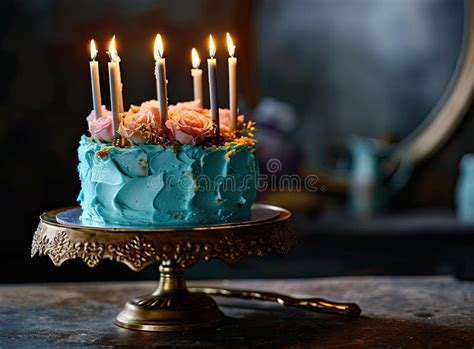 Elegant Blue Frosted Birthday Cake with Lit Candles and Golden ...