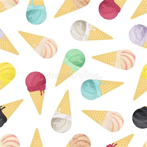 Vector Seamless Pattern Of Ice Cream Collection In Cones Cartoon Flat