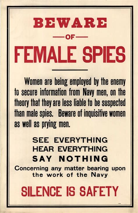 Beware Female Spies Silence Unusual 1915 WW1 Espionage Poster 13 X 19