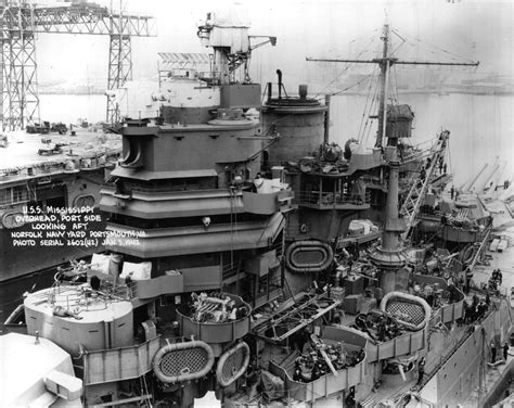 USS Mississippi (BB-41), port side looking aft, Norfolk Navy Yard, January 1942 [2750x2184] : r ...