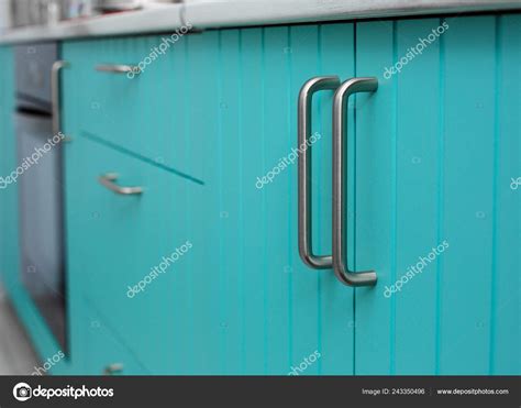 Blue Wooden Facade Kitchen Cabinets Made Thin Strips Chrome Handles ⬇