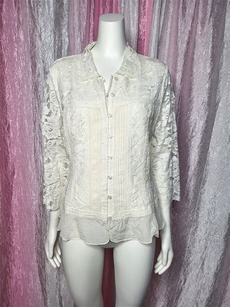 New Large Coldwater Creek Silk Blend Ivory Floral Lace Button Down