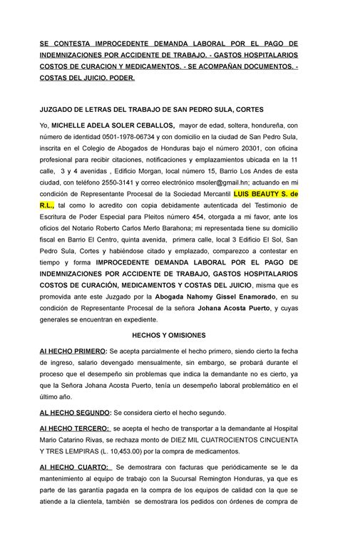 Contestacion De Demanda Laboral Por Accidente De Trabajo Se Contesta