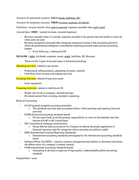 Accounting 201 Exam 1 Cheat Sheet Acronym For Permanent Accounts