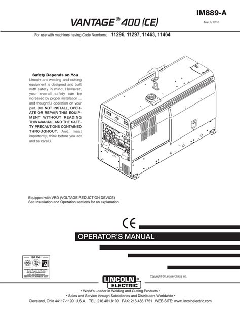 Lincoln Electric Vantage 400 Ce Operators Manual Pdf Download Manualslib