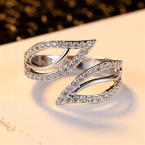 Open Ring For Women Fashionable Double Leaf Zircon Ring White Gold