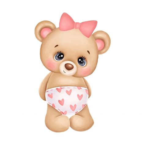 Linda niña oso de peluche con un lazo rosa y corazones Vector Premium