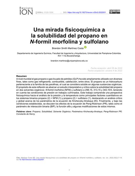 PDF Una mirada fisicoquímica a la solubilidad del propano en N formil