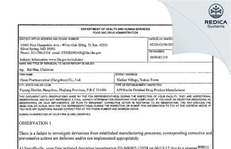 Hisun Pharmaceutical Hangzhou Co Ltd Fuyang China Fda S