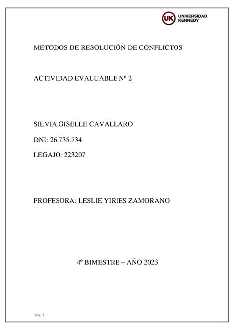 Actividad Evaluable N P G Metodos De Resoluci N De Conflictos