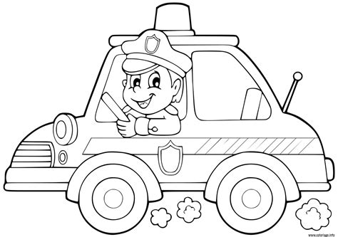 Coloriage voiture de police avec un policier conducteur - JeColorie.com