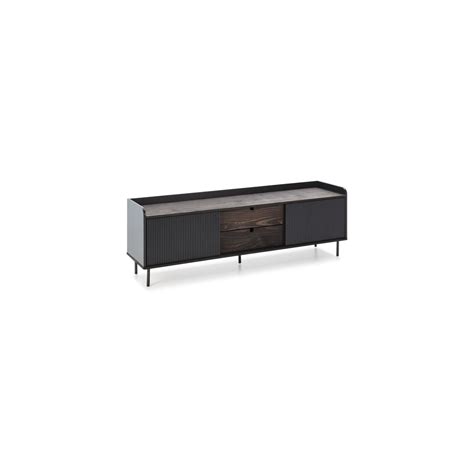 Meuble Tv Horizon Portes Coulissantes 2 Tiroirs Noyer Et Métal Noir L160xp40xh52cm à Prix