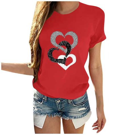 Tklpehg Womens Tops Summer Fashion Short Sleeve T Shirts Heart Print