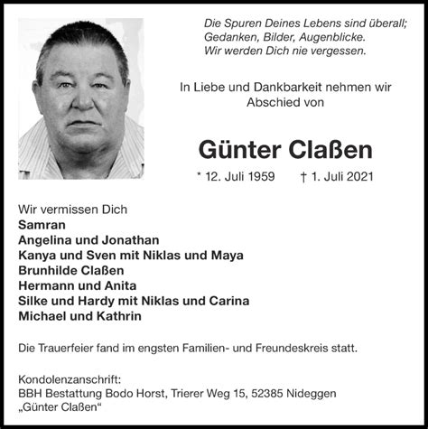 Traueranzeigen von Günter Claßen Aachen gedenkt