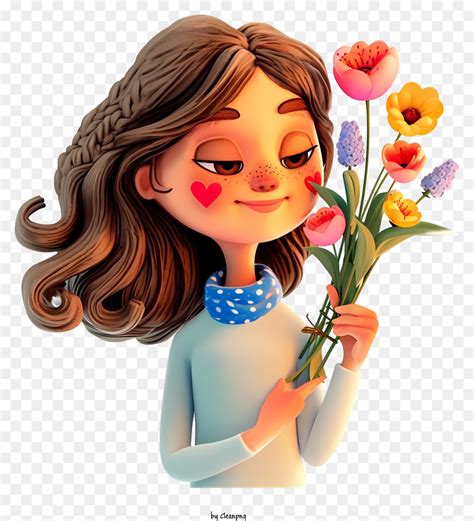 Cartoon 3D Mulher E Flores Buquê De Tulipas Menina Flores png