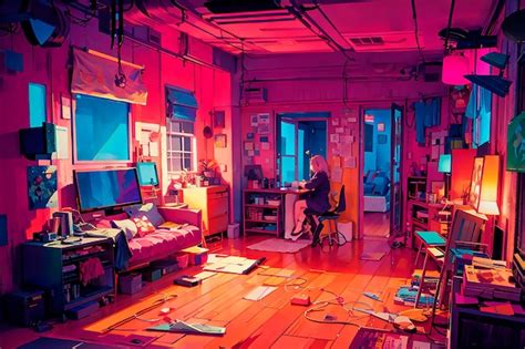 Premium AI Image | Anime woman studiyng in a messy pink organge bedroom