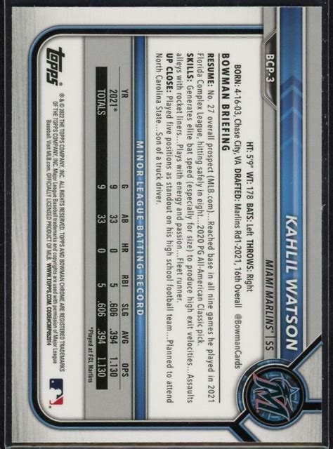 Bowman Chrome Kahlil Watson St Mega Mojo Refractor Marlins Bcp