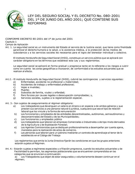 Ley Del IHSS Vigente Derecho 1 LEY DEL SEGURO SOCIAL Y EL DECRETO