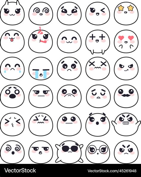 Kawaii Cute Faces Emotion Collection Line Art Vector Image